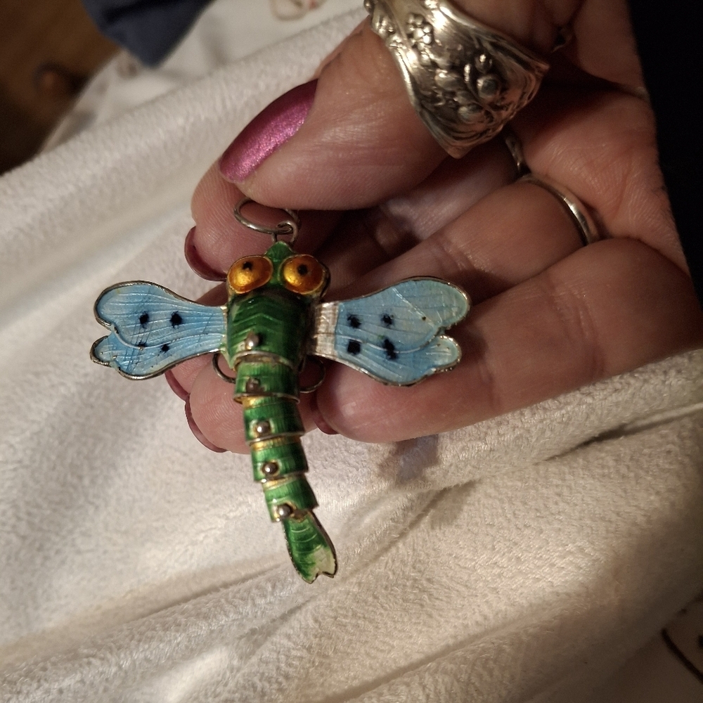 Enamel Reticulating dragonfly pendant Blue And Green